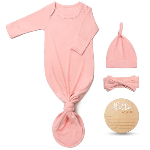 Hello World Newborn Outfit Knotted Gown 0-3 Months, Baby Girl Boy Coming Home Sleeper with Sign