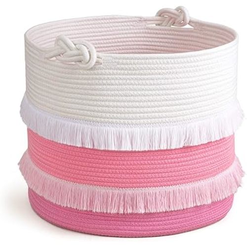 45L Woven Rope Baby Basket with Tassel, 16" x 13", Pink