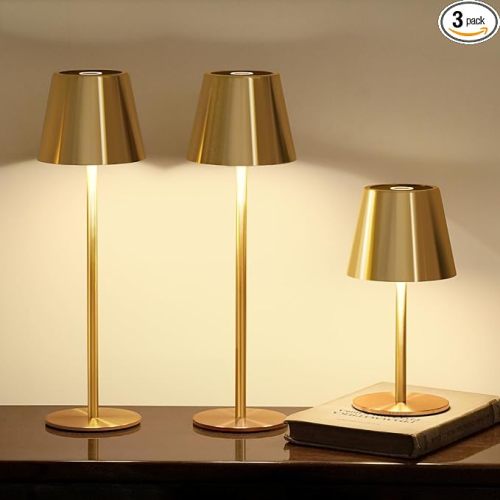 3 Pack Cordless Table Lamp, Portable Battery Operated Lamp with 3 Color Temps and Stepless Dimming, Rechargeable Table Lamp for Dinner, Desk, Cafe, Outdoor (Brushed Gold)