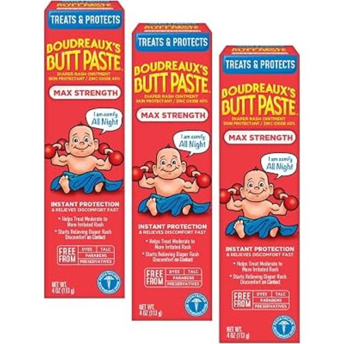 Boudreaux's Butt Paste Maximum Strength Diaper Rash Cream, Ointment | For Baby | 4 oz Tube | Pack of 3