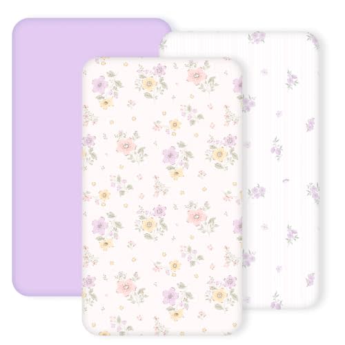 3 Pack Stretchy Bassinet Sheets - Universal Fit for Rectangle, Round, Oval, Hourglass Cradles & Moses Baskets - Soft Breathable Fitted Bassinet Sheets, Purple & Flower
