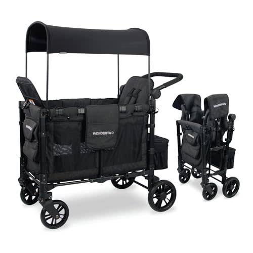 WONDERFOLD W2 Elite Stroller Wagon (2 Seater) - Collapsible Wagon Stroller with Seats with 5-Point Harnesses, Adjustable Push Handle, and Adjustable Sun Canopy, Elite Black