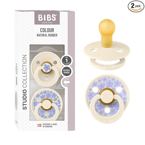 BIBS Pacifiers - Studio 2 Pack | Round Nipple Baby Pacifier | BPA Free Natural Rubber Latex Soother | Made in Denmark | Size 0+ Months | Jasmine Fossil Grey