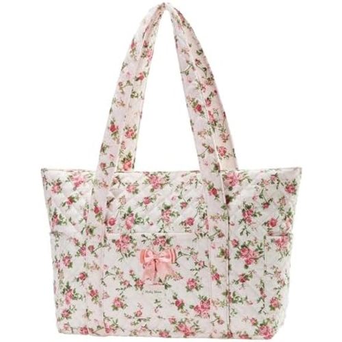 Molly Moon Quilted Tote Bag for Women, Quilted Floral Gingham Tote Bags with Zipper, Cute Bow Shoulder bag for Work, Travel