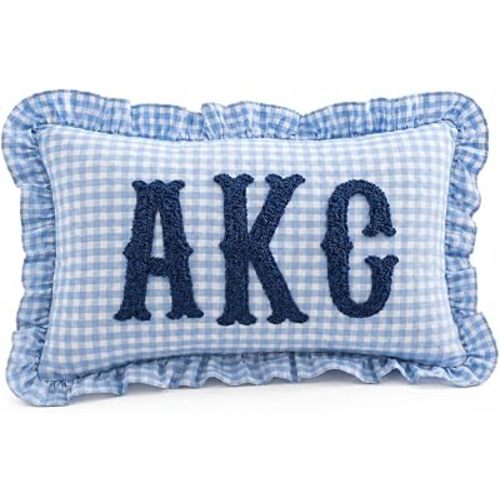 mia'spillow lab Personalized Monogram Pillow Cover with Embroidered Initials – Custom Gingham Accent Throw Pillow with Ruffle Trim – Handmade Decorative Cushion for Any Room