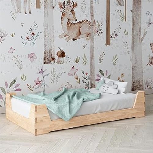 Little Seeds Maverick Montessori Toddler Floor Bed with 2 Heights, Natural Wood Grain