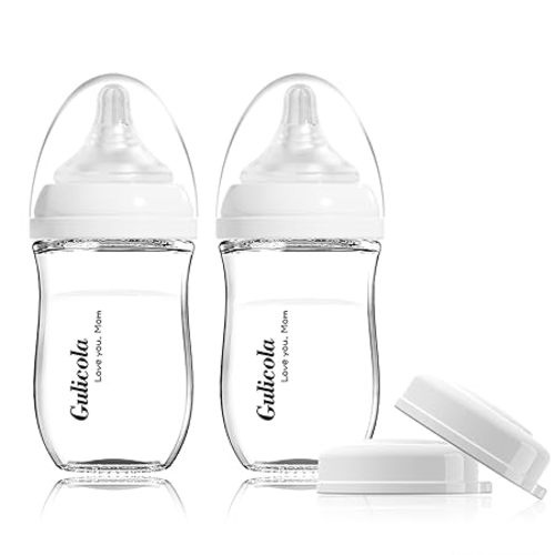 Gulicola Natural Glass Baby Bottle for Breastfeeding Babies, Newborn Anti-Colic Bottle Set with Slow Flow Nipple, 0-3 Months, 5 oz, 2 Pack - White