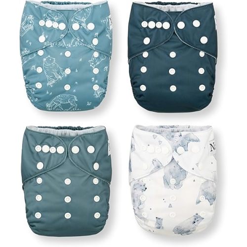 Nora's Nursery Cloth Pocket Diapers 4 Pack with 4 Inserts - Waterproof Cover, Washable, Reusable & One Size Adjustable Pocket Diapers for Newborns and Toddlers - Mama Bear