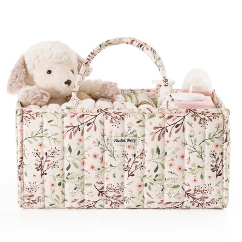 Blissful Diary Diaper Caddy Organizer,Baby Baskets for Baby Shower, Portable Nursery Changing Table Organizer, Diaper Bag, Infant Newborn Essentials Gift, Baby Registry Must Have, Botanical Floral