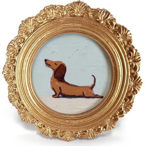 Small Vintage Dachshund Dog Round Picture Frame Wall Decor, Funny Wiener Gold Mini Ornate Photo Frame for TableTop Desk 2.7in Photo, Cute Rustic Framed Artwork for Walls Office Bedroom Shelf