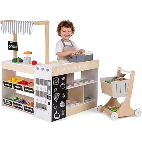 HONEY JOY Kids Grocery Store Playset, Wooden Market Stand Play Store with Canopy & Shopping Cart, Toddler Supermarket Checkout Stand w/Blackboard & Accessories, Grocery Store Pretend Play (Natural)