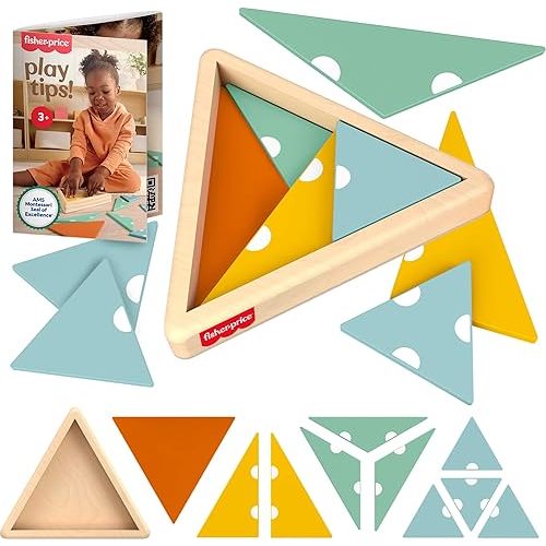 Fisher-Price Wood Montessori Toy Triangle Puzzle, American Montessori Society Seal of Excellence, 10-Piece Wooden Learning Activity & Expert Play Tips for Kids Ages 3+ Years (Amazon Exclusive)