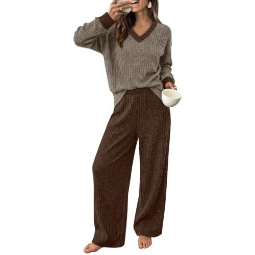 2 Pieces Lounge Sets for Women Drop Shoulder Top Wide Leg Pant Matching Set