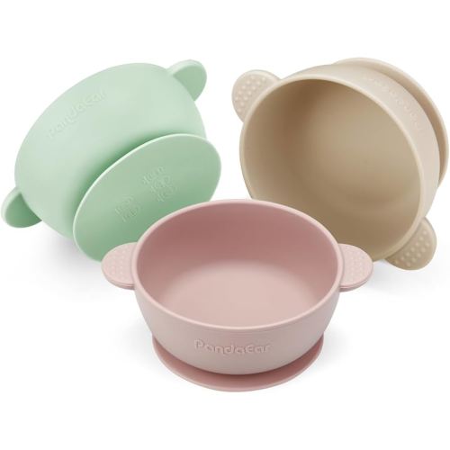 PandaEar 3 Pack Baby Bowls with Suction| Stay Put Silicone Food Bowl for Babies Kids Toddlers Infants| Food Grade Soft Safe BPA-Free Silicone (Pink Green Light Tan)
