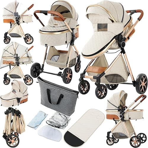 2 in 1 Baby Stroller, Convertible Pram, Reversible Standard Stroller, Portable Baby Buggy, Infant Carriage, Foldable High Landscape Pushchair for Toddler Newborn (225 Creamy White)
