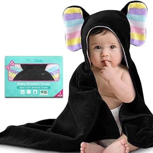 VOOVA & MOVAS Luxury Black Baby Hooded Bath Towel - 100% Cotton,500GSM, 33x31.5 Inches,0-2Years, Super Absorbent Large Towel with Cute Elephant Ears Hood for Newborn,Infant, Baby Essentials,Black