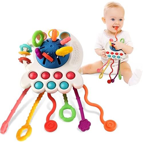 Hooku Montessori Toys for 1 Year Old, Sensory Toys for Babies, Food Grade Silicone Pull String Activity Toy, Fine Motor Toys, Travel Toys, Toddler Infant Girl Boy Gifts