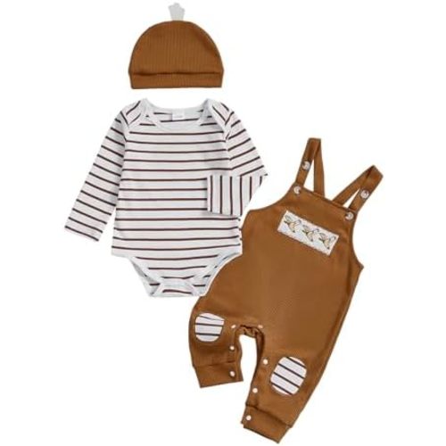 Newborn Baby Boy Fall Clothes Hunting Long Sleeve Romper Deer Embroidery Camo Overalls Pants Hat 3Pcs Outfit Set