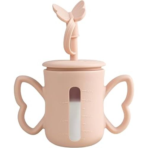 Dommy Silicone Baby Sippy Cup with Spill Proof Straw&Lid | Baby Sippy Cup for 6-12Months | Transition Bottles for 1Year Old Toddler for Milk/Juice/Puree |Peach Dust, 5oz