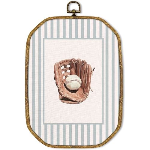 GUULIJEEMIY Vintage Baseball Sports Nursery Canvas Wall Art Decor, Kids Neutral Baseball Room Octagon Framed Wall Art Prints, Vintage Toddler Boy Hanging Room Decor for Boy Nursery Bedroom, 10.2x7Inch