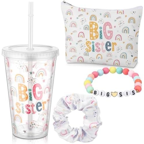 Sieral 4 Pcs Big Sister Gifts for Girls Big Sister Makeup Bag 15 oz Acrylic Cup Scrunchies Bracelet New Sibling Gifts for Little Girls New Baby Birthday Baby Shower(Rainbow)