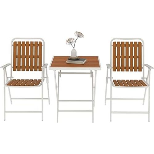 3 Piece Outdoor Bistro Set with Yellow Wood-Look Tabletop, Patio Table and Chairs Set of 2, Folding Small Balcony Furniture for Garden, Deck, Porch, Outdoor Bistro Patio Set