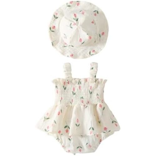 Emmababy Baby Girl Smocked Dress Floral Romper Hat Set Halter Strap Jumpsuit Sleeveless Bubble Romper Newborn Summer Clothes