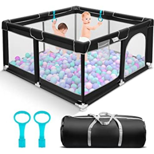 Suposeu Baby Playpen, 50”×50” Baby Playard, Playpen for Babies and Toddlers, Sturdy Safety Play Yard with Soft Breathable Mesh, Indoor & Outdoor Baby Fence, Black