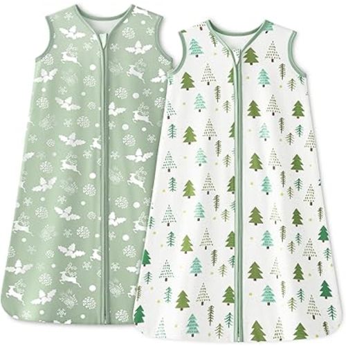 Unnivoll Baby Sleep Sack 6-12 Months 1.0 Tog Baby Wearable Blanket 100% Cotton Sleeping Sack with 2-Way Zipper for Infant Newborn Green Tree