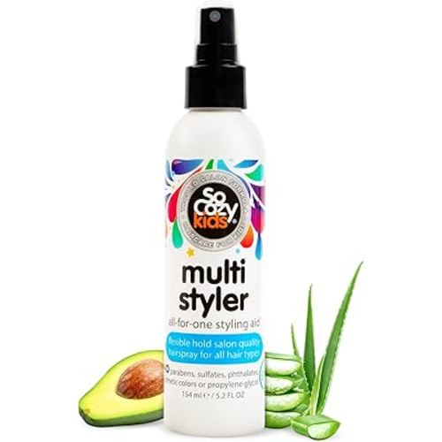 SoCozy Multi Styler, spray para el cabello para niños, seguro para el uso diario (5.2 onzas líquidas) se mantiene como un gel ligero, fórmula suave con quinua, vitamina B5 y aloe, sin parabenos,
