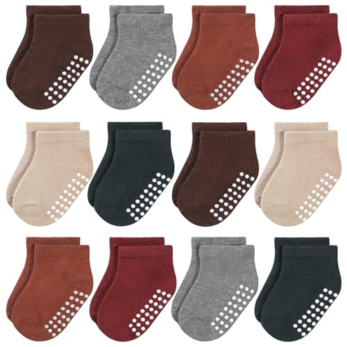 JAKIDAR 12 Pair Baby Toddler Socks Non-Slip Grip Cotton Ankle Socks for Boys Girls Non Skid Soles for Infants Kids