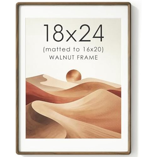 18x24 Picture Frame, USA-Sourced Natural Walnut Wood Photo Frame with HD Glass, Double Mortise & Tenon Rounded Corner 18 by 24 Wooden Frame Matted to 16x20 Photos, Horizontal or Vertical Wall Mounting