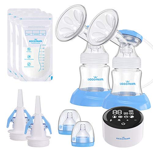 Electric Double Breast Pump Eccomum Breastfeeding Pump with 4 Modes & 9 Levels, Memory Function, BPA Free, Full Touchscreen LED Display, Strong Suction Power, Pain Free, Rechargeable, Ultra-Quiet
