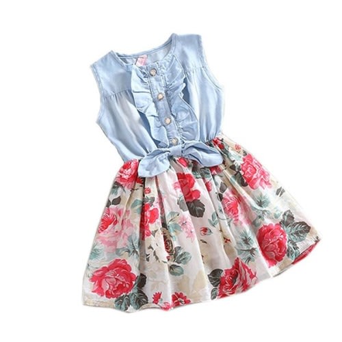 Amoin Baby Girl Tutu Denim Dress Short Sleeve Lace Princess Party Skirts