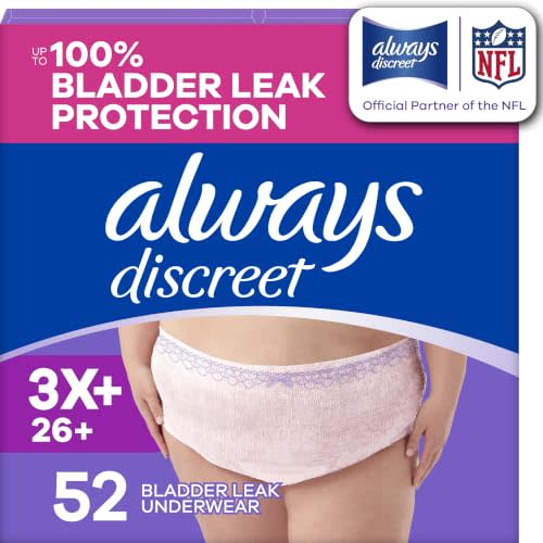 Always Discreet Reimagined Adult Diapers for Women, Maximum Absorbency Incontinence and Postpartum Underwear Size 3X+, Up to 100% Leak Free Bladder Leak Protection, 52 Count​