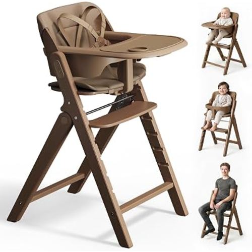 Mamazing GrowPod Pro Wooden Baby High Chair for 6 Months to 220lbs, Easy to Clean with Tray, Compact Foldable Highchair for Kitchen & Dining Room, with 5-Point Safety Harnesses and Guard Bar