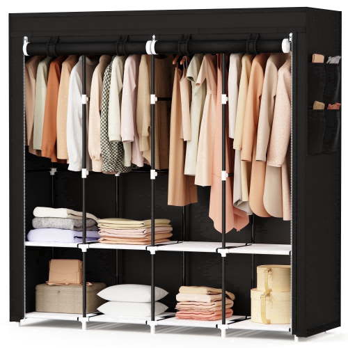 Riousery 67 Inch Large Portable Wardrobe Closet, 8 Storage Spaces with 4 Hanging Rods, Steel Frame Fabric Organizer, Easy Assembly and Dust Resistant Design, Black