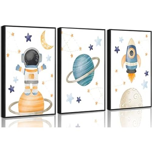 3Pcs Space Nursery Wall Art Fun Planet Canvas Poster Print Rocket and Astronaut Pictures Explore Dream Galaxy Painting Artwork Children's Room Wall Decor for Boys' Room Classroom 12x16in Unframed