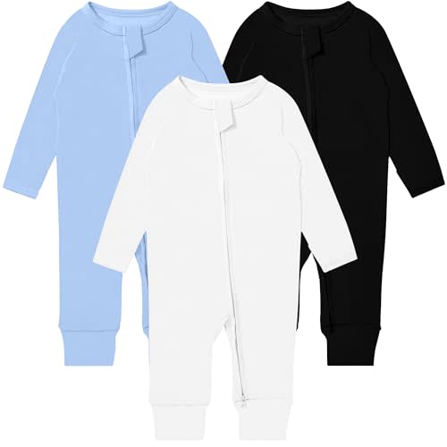 GUISBY Long Sleeve Cotton Pajamas Footless Baby Bodysuits with Zipper and Mittens 3-Pack for Boys Girls