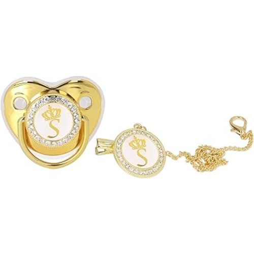 Personalized Golden Letter Baby Pacifier with Bling Design, Clips, Anti-Dust Cover for Newborn Photography, Size S