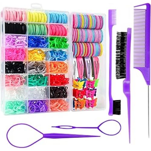 Hair Accessories Set for Girls Toddlers - Colorful Small Bands for Hair, No Damage Elastic Hair Ties, Clips and Topsy Tail Tools