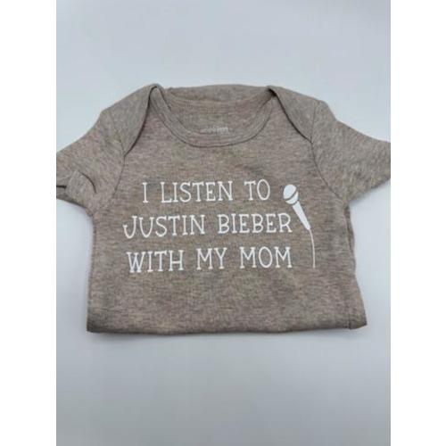 I listen to Justin Bieber with my Mom baby bodysuit, pop baby, pop music, infant, newborn, new mom, baby shower gift,