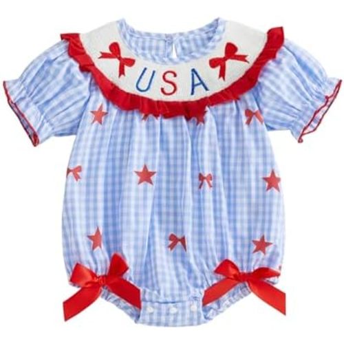 Socutebabe Baby Girl 4th of July Outfit Newborn Fourth of July Bubble Romper Short Sleeve Smocked Onesie Cute Summer Clothes