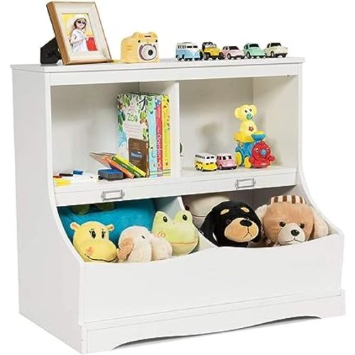 Costzon Toy Storage Organizer, 4-Cubby Kids Bookshelf with Footboard and Name Card, Wooden Children's Bookcase, Montessori Toy Shelf for Playroom, Bedroom, Daycare, Classroom (White)