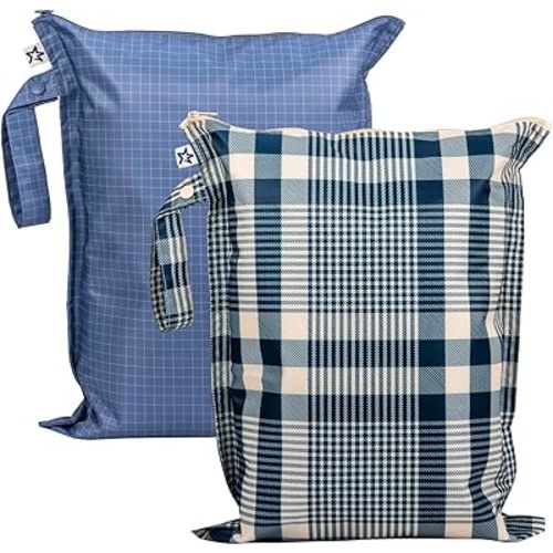 Tiny Twinkle Mess Proof Wet Bags | 2-Pack Reusable Waterproof Wet Bags for Swimsuits | Baby Clothes | Travel & Diaper Bag (Gingham,Grid)