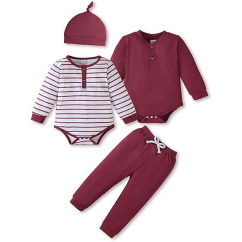 NZRVAWS Newborn Baby Boy Clothes Long Sleeve Romper Pant Set Hat 2-Pack Infant Baby Boy Outfits Fall Winter Clothing Set