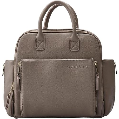 Ayla & Co Mini Bag, Transitional Minimal Diaper Bag, Vegan Leather, with Expandable Pockets, Built-In Wallet, Organizer