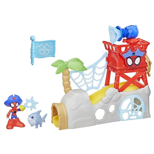 Marvel Spidey and His Amazing Friends Toys Water-Webs Spidey Island Playset with Spider-Man and Jeff The Landshark Figures, Ages 3 and Up