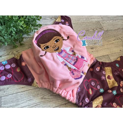 Embroidered Doctor Girl Reusable Pocket Diaper, Flower Print, Baby Shower Gift