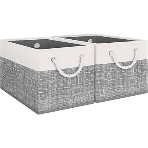 Storage Bins 3-Pack, Foldable Storage Baskets for Organizing Toys, Books, Shelves, Closet, Large Storage Box with Rope Handles, Sturdy Organizer Bins, White & Grey